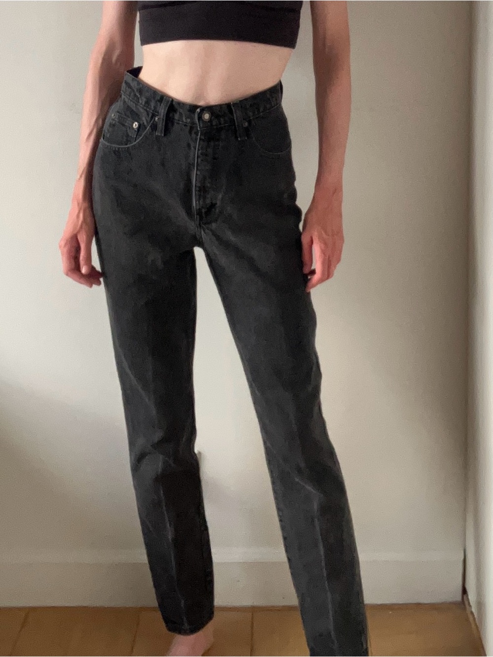 Vintage Faded Black High-Rise Women's Jeans. Size 7/8. Made in Mexico.